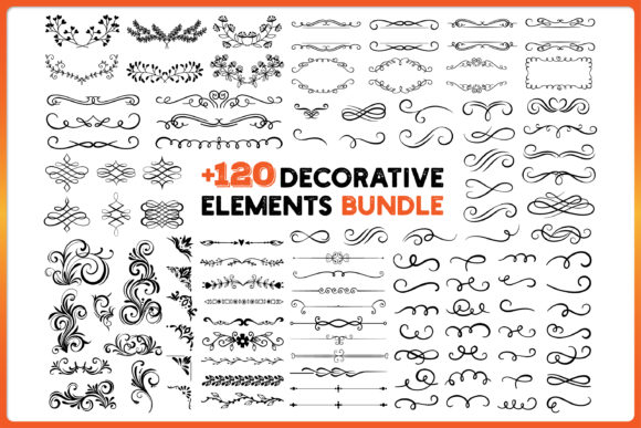 120 Decorative Elements Set for Graphics & Crafts