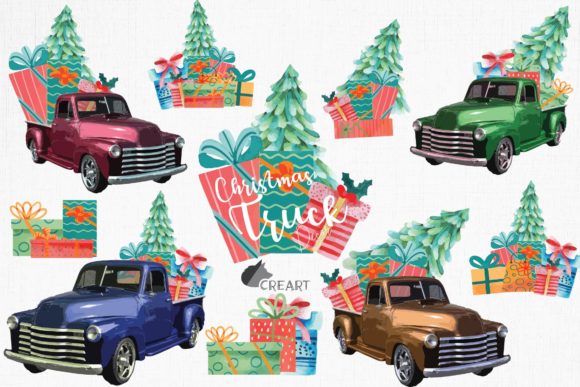 Watercolor Christmas Pine Truck Clip Art