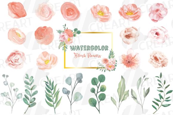 Watercolor Pink Flowers Green Branches Graphics
